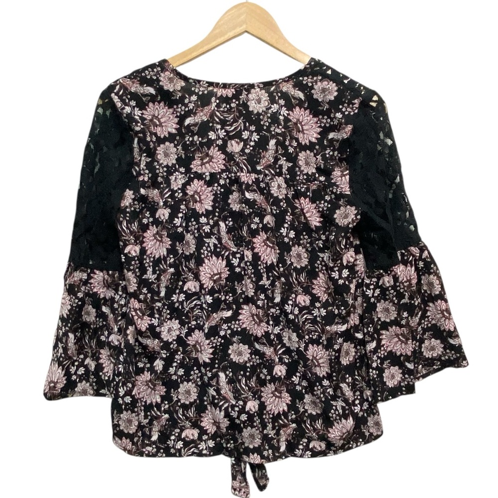 KNOX ROSE Boho Bell Sleeve Black Pink Floral Lace Button Down Top Women’s Small - Picture 10 of 14